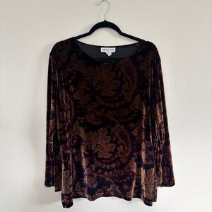 Vintage Brown Velvet Paisley Long Sleeve Plus Size Top
